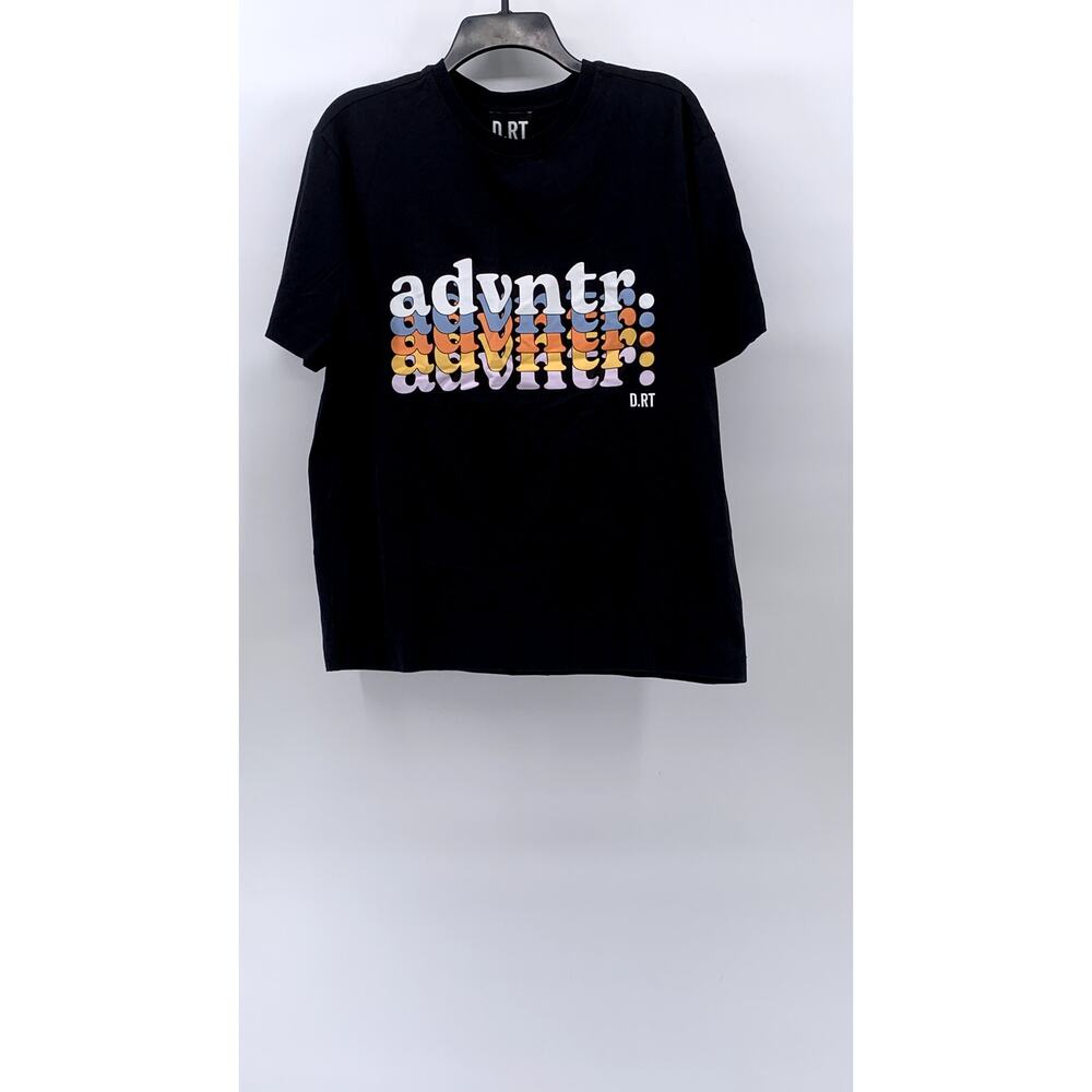 D.RT Men's Black-Multi Advntr Graphic Crewneck Short Sleeve Casual T-Shirt SZ L